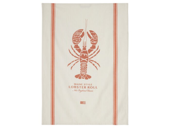 Weißes Geschirrtuch mit terrakottafarbenen Streifen seitlich und prächtigem Lobster in der Mitte