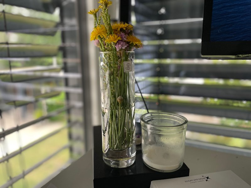 Schmale Glasvase von Fink mit frischen Blumen