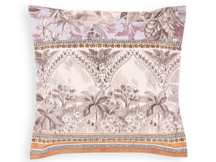 Grau-beige Kissenhülle mit Palmenmotiv im Toile de Jouy Stil