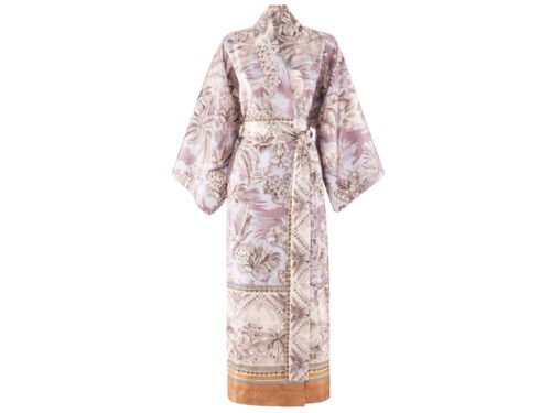 Grau-beiger Kimono mit Palmenmotiv und Bindegürtel