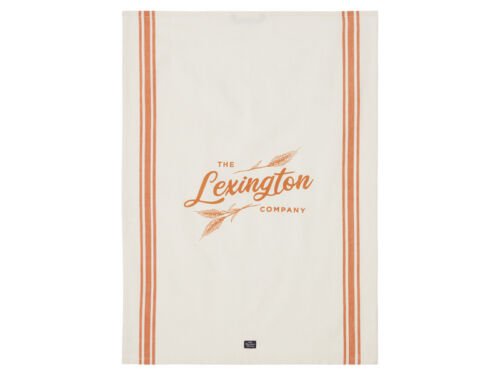 Weißes Geschirrtuch mit orangen Webstreifen seitlich und Lexington Logo mit Getreideähren