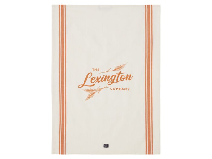 Weißes Geschirrtuch mit orangen Webstreifen seitlich und Lexington Logo mit Getreideähren